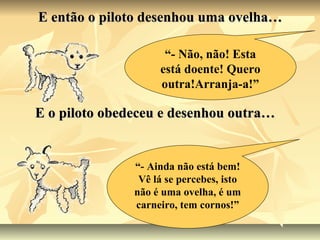 E então o piloto desenhou uma ovelha…

                     “- Não, não! Esta
                    está doente! Quero
                    outra!Arranja-a!”

E o piloto obedeceu e desenhou outra…


               “- Ainda não está bem!
                Vê lá se percebes, isto
               não é uma ovelha, é um
               carneiro, tem cornos!”
 
