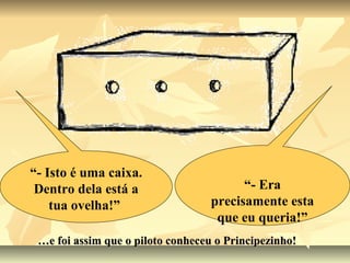 “- Isto é uma caixa.
 Dentro dela está a                      “- Era
    tua ovelha!”                   precisamente esta
                                    que eu queria!”
 …e foi assim que o piloto conheceu o Principezinho!
 