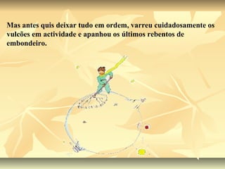 Mas antes quis deixar tudo em ordem, varreu cuidadosamente os
vulcões em actividade e apanhou os últimos rebentos de
embondeiro.
 