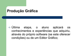 Produção Gráfica Última etapa, o aluno aplicará os conhecimentos e experiências que adquiriu, através do próprio software (se este oferecer condições) ou de um Editor Gráfico; 