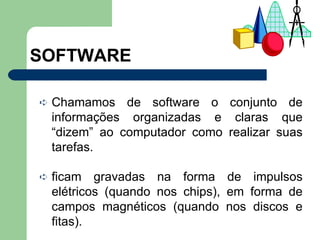 SOFTWARE Chamamos de software o conjunto de informações organizadas e claras que “dizem” ao computador como realizar suas tarefas.  ficam gravadas na forma de impulsos elétricos (quando nos chips), em forma de campos magnéticos (quando nos discos e fitas). 