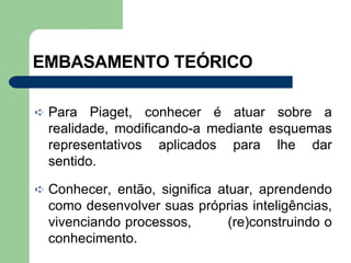 EMBASAMENTO TEÓRICO Para Piaget, conhecer é atuar sobre a realidade, modificando-a mediante esquemas representativos aplicados para lhe dar sentido. Conhecer, então, significa atuar, aprendendo como desenvolver suas próprias inteligências, vivenciando processos,  (re)construindo o conhecimento. 
