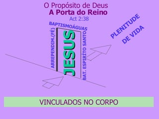 A Porta do Reino JESUS ARREPENDIM.(FÉ) BAPTISMOÁGUAS BAT. ESPIRÍTO SANTO PLENITUDE  DE VIDA Act 2:38 O Propósito de Deus VINCULADOS NO CORPO 