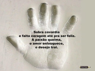 Sobra covardia  e falta coragem até pra ser feliz.  A paixão queima,  o amor enlouquece,  o desejo trai.  
