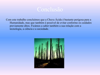 Conclusão Com este trabalho concluímos que a Chuva Ácida é bastante perigosa para a Humanidade, mas que também é possível de evitar conforme os cuidados previamente ditos. Ficámos a saber também a sua relação com a tecnologia, a ciência e a sociedade. 