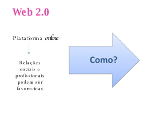 Web 2.0 Plataforma  online   Relações sociais e profissionais podem ser favorecidas 