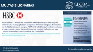 Contato@gcompliance.com.br55 (21) 3802-3338
55 (21) 98460-0162
MULTAS BILIONÁRIAS
multa de US$ 43 milhões em acordo com o Ministério Público da Suíça para
encerrar uma investigação sobre lavagem de dinheiro e sonegação de impostos
na filial do banco no país europeu. “O Ministério Público de Genebra reconheceu
o progresso que o banco fez nos últimos anos, incluindo melhorias nas suas
funções de compliance, processos internos e tecnologia
(http://g1.globo.com/economia/noticia/2015/06/hsbc-pagara-multa-de-us-43-milhoes-
para-encerrar-investigacao.html)
 