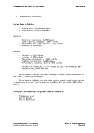 UNIVERSIDADE ESTADUAL DO MARANHÃO ERGONOMIA
- Abastecimento de oxigênio.
Energia Gasta no Trabalho
- 1.800 kcal/dia – Metabolismo basal
- 2.000 kcal/dia – Mínimo necessário
Mulheres:
- Digitadora ou costureira – 2.300 kcal/dia
- Dona de casa ou vendedora – 2.500 kcal/dia
- Trabalhadora com tarefas pesadas – 3.000 kcal/dia
- Bailarina – 3.300 kcal/dia
Homens:
- Escritório – 2.500 kcal/dia
- Motorista – 2.800 kcal/dia
- Operário com trabalho leve – 3.000 kcal/dia
- Mecânico ou marceneiro – 3.500 kcal/dia
- Trabalhadores industriais – 2.800 a 4.000 kcal/dia
- Máximo de 4.500 kcal/dia, podendo chegar a 5.000 ou 6.000 kcal/dia por
períodos curtos, um ou dois dias.
Se o organismo trabalhar com déficit de energia, ou seja, gastar mais calorias do
que produz, a pessoa irá perder peso.
Se o organismo trabalhar com reserva de energia, ou seja, gastar menos calorias
do que produz, a pessoa irá ganhar peso numa razão de 1 kg para cada 7.000 kcal de
reserva.
Grandjean: Consumo total de energia do homem é composto de:
- Metabolismo basal
- Calorias de lazer
- Calorias do trabalho
Curso de Arquitetura e Urbanismo Notas de Aula de Ergonomia
Prof. Francisco Armond do Amaral Página 10
 
