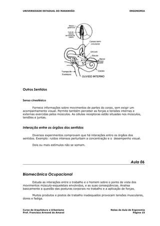 UNIVERSIDADE ESTADUAL DO MARANHÃO ERGONOMIA
Outros Sentidos
Senso cinestésico
Fornece informações sobre movimentos de partes do corpo, sem exigir um
acompanhamento visual. Permite também perceber as forças e tensões internas e
externas exercidas pelos músculos. As células receptoras estão situadas nos músculos,
tendões e juntas.
Interação entre os órgãos dos sentidos
Diversos experimentos comprovam que há interações entro os órgãos dos
sentidos. Exemplo: ruídos intensos perturbam a concentração e o desempenho visual.
Dois ou mais estímulos não se somam.
Aula 06
Biomecânica Ocupacional
Estuda as interações entre o trabalho e o homem sobre o ponto de vista dos
movimentos músculo-esqueletais envolvidos, e as suas conseqüências. Analisa
basicamente a questão das posturas corporais no trabalho e a aplicação de forças.
Muitos produtos e postos de trabalho inadequados provocam tensões musculares,
dores e fadiga.
Curso de Arquitetura e Urbanismo Notas de Aula de Ergonomia
Prof. Francisco Armond do Amaral Página 15
 
