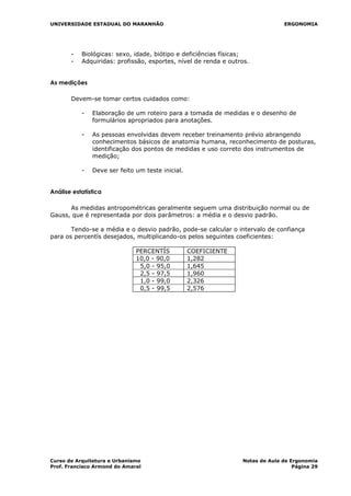 UNIVERSIDADE ESTADUAL DO MARANHÃO ERGONOMIA
- Biológicas: sexo, idade, biótipo e deficiências físicas;
- Adquiridas: profissão, esportes, nível de renda e outros.
As medições
Devem-se tomar certos cuidados como:
- Elaboração de um roteiro para a tomada de medidas e o desenho de
formulários apropriados para anotações.
- As pessoas envolvidas devem receber treinamento prévio abrangendo
conhecimentos básicos de anatomia humana, reconhecimento de posturas,
identificação dos pontos de medidas e uso correto dos instrumentos de
medição;
- Deve ser feito um teste inicial.
Análise estatística
As medidas antropométricas geralmente seguem uma distribuição normal ou de
Gauss, que é representada por dois parâmetros: a média e o desvio padrão.
Tendo-se a média e o desvio padrão, pode-se calcular o intervalo de confiança
para os percentís desejados, multiplicando-os pelos seguintes coeficientes:
PERCENTÍS COEFICIENTE
10,0 - 90,0 1,282
5,0 - 95,0 1,645
2,5 - 97,5 1,960
1,0 - 99,0 2,326
0,5 - 99,5 2,576
Curso de Arquitetura e Urbanismo Notas de Aula de Ergonomia
Prof. Francisco Armond do Amaral Página 29
 