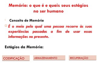 Memória: o que é e quais seus estágios
no ser humano
 Conceito de Memória
 É o meio pelo qual uma pessoa recorre às suas
experiências passadas a fim de usar essas
informações no presente.
Estágios da Memória:
CODIFICAÇÃO ARMAZENAMENTO RECUPERAÇÃO
 