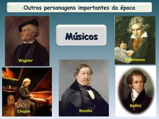 Outros personagens importantes da época
Wagner Beethoven
Rossini
Bellini
MúsicosMúsicos
Chopin
 