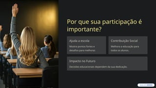 Por que sua participação é
importante?
Ajuda a escola
Mostra pontos fortes e
desafios para melhorar.
Contribuição Social
Melhora a educação para
todos os alunos.
Impacto no Futuro
Decisões educacionais dependem da sua dedicação.
 