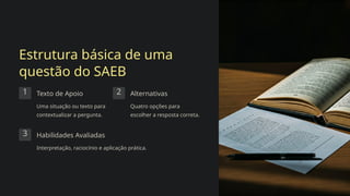 Estrutura básica de uma
questão do SAEB
1 Texto de Apoio
Uma situação ou texto para
contextualizar a pergunta.
2 Alternativas
Quatro opções para
escolher a resposta correta.
3 Habilidades Avaliadas
Interpretação, raciocínio e aplicação prática.
 