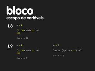 bloco
escopo de variáveis
      n = 0
1.8
      (1..10).each do |n|
      end

      #=> n = 10


      n = 0                 n = 1
1.9
      (1..10).each do |n|   lambda {|;n| n = 2 }.call
      end
                            #=> n = 1
      #=> n = 0
 