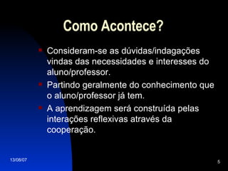 Como Acontece? Consideram-se as dúvidas/indagações vindas das necessidades e interesses do aluno/professor. Partindo geralmente do conhecimento que o aluno/professor já tem. A aprendizagem será construída pelas interações reflexivas através da cooperação. 