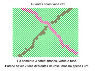 Quantas cores você vê? Há somente 3 cores: branco, verde e rosa. Parece haver 2 tons diferentes de rosa, mas há apenas um. 