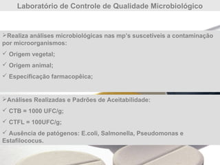 Laboratório de Controle de Qualidade Microbiológico
Análises Realizadas e Padrões de Aceitabilidade:
 CTB = 1000 UFC/g;
 CTFL = 100UFC/g;
 Ausência de patógenos: E.coli, Salmonella, Pseudomonas e
Estafilococus.
Realiza análises microbiológicas nas mp’s suscetíveis a contaminação
por microorganismos:
 Origem vegetal;
 Origem animal;
 Especificação farmacopêica;
 