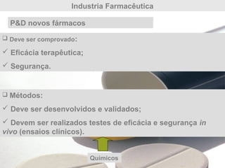 Industria Farmacêutica
P&D novos fármacos
 Deve ser comprovado:
 Eficácia terapêutica;
 Segurança.
 Métodos:
 Deve ser desenvolvidos e validados;
 Devem ser realizados testes de eficácia e segurança in
vivo (ensaios clínicos).
Químicos
 
