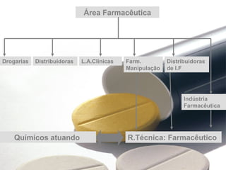 Área Farmacêutica
Drogarias Distribuidoras L.A.Clínicas Farm.
Manipulação
Distribuidoras
de I.F
Indústria
Farmacêutica
R.Técnica: FarmacêuticoQuímicos atuando
 