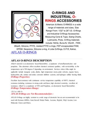 O-RINGS AND
INDUSTRIAL O-
RINGS ACCESSORIES
American & Metric O-RINGS in a wide
range of materials and sizes, Size
Range From: 1/32″ to 26″ I.D. O-Rings
and Industrial O-Rings Accessories:
Measuring Cone & Tape, Sizing Charts,
Lubricants, Picks. O-Ring materials
include: Nitrile, Buna-N, Viton® , FKM ,
Aflas®, Silicone, PTFE, molded PTFE o-rings, FEP encapsulated FKM,
EPDM, Neoprene, Silicone o-ring, 4 Lobe Q-Rings, E.P.R, Kalrez.
AFLAS O-RINGS
AFLAS O-RINGS DESCRIPTION
Aflas® material is an elastomeric based fluororubber, a copolymer of tetrafluoroethylene and
propylene. This elastomer offers excellent chemical resistance qualities, with serviceability in the
temperatures up to 550 degrees F depending on environment. Services where Aflas might be
applicable include inorganic acids, alkalis, high temperature steam, polar solvents, organic bases,
hydrocarbon oils, amines and amine corrosion inhibitor systems, and hydrogen sulfide bearing fluids.
O-Rings Properties:
Excellent heat resistance with continuous service temperature capability of 450°F, chemical
resistance including resistance to strong acids and bases, high electrical resistivity, excellent oil
resistance. Aflas® is a copolymer of TFE and Propolene, an elastomeric based fluororubber.
O-Rings Temperature Range:
-25 F to +450 F+
AFLAS O-Rings are Not Recommended for :
AFLAS O-Rings are highly resistant to a wide range of chemicals but are not recommended to be
used with Ketones (MEK), Auto/Aircraft Brake Fluids, Acetone, Skydrol, Ethyl Acetate, Low
Molecular Esters and Ethers.
 