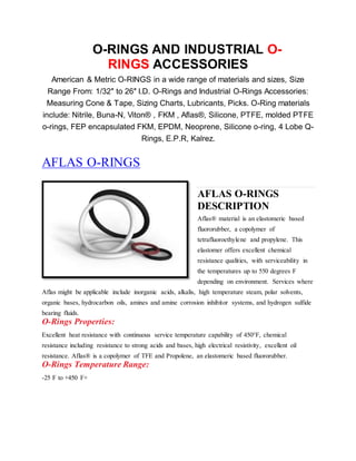 O-RINGS AND INDUSTRIAL O-
RINGS ACCESSORIES
American & Metric O-RINGS in a wide range of materials and sizes, Size
Range From: 1/32″ to 26″ I.D. O-Rings and Industrial O-Rings Accessories:
Measuring Cone & Tape, Sizing Charts, Lubricants, Picks. O-Ring materials
include: Nitrile, Buna-N, Viton® , FKM , Aflas®, Silicone, PTFE, molded PTFE
o-rings, FEP encapsulated FKM, EPDM, Neoprene, Silicone o-ring, 4 Lobe Q-
Rings, E.P.R, Kalrez.
AFLAS O-RINGS
AFLAS O-RINGS
DESCRIPTION
Aflas® material is an elastomeric based
fluororubber, a copolymer of
tetrafluoroethylene and propylene. This
elastomer offers excellent chemical
resistance qualities, with serviceability in
the temperatures up to 550 degrees F
depending on environment. Services where
Aflas might be applicable include inorganic acids, alkalis, high temperature steam, polar solvents,
organic bases, hydrocarbon oils, amines and amine corrosion inhibitor systems, and hydrogen sulfide
bearing fluids.
O-Rings Properties:
Excellent heat resistance with continuous service temperature capability of 450°F, chemical
resistance including resistance to strong acids and bases, high electrical resistivity, excellent oil
resistance. Aflas® is a copolymer of TFE and Propolene, an elastomeric based fluororubber.
O-Rings Temperature Range:
-25 F to +450 F+
 