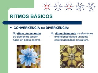 RITMOS BÁSICOS CONVERXENCIA ou DIVERXENCIA : No  ritmo diverxente  os elementos exténdense dende un ponto central abríndose hacia fóra. No  ritmo converxente  os elementos tenden hacia un ponto central. 