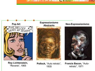 Pop Art
Expressionismo
Abstracto
Roy Lichtenstein,
“Reverie”, 1965
Pollock, “Auto retrato”,
1935
Neo-Expressionismo
Francis Bacon, “Auto-
retrato”, 1971
 