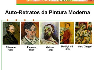 Auto-Retratos da Pintura Moderna
Cézanne
1880
Picasso
1907
Modigliani
1919
Matisse
1918
Marc Chagall
 