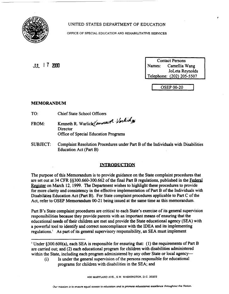 Complaints To Education Department >> O S E P Letter Re Complaint Mgt Systems 7 17 00 Complaints To Education Department >> O S E P Letter Re Complaint Mgt Systems 7 17 00