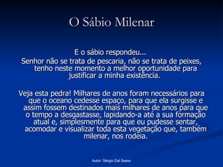 O Sábio Milenar E o sábio respondeu...  Senhor não se trata de pescaria, não se trata de peixes, tenho neste momento a melhor oportunidade para justificar a minha existência.  Veja esta pedra! Milhares de anos foram necessários para que o oceano cedesse espaço, para que ela surgisse e assim fossem destinados mais milhares de anos para que o tempo a desgastasse, lapidando-a até a sua formação atual e, simplesmente para que eu pudesse sentar, acomodar e visualizar toda esta vegetação que, também milenar, nos rodeia. 