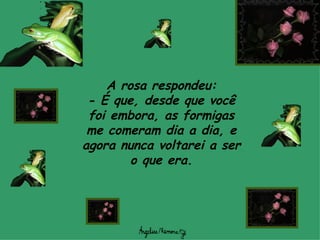 A rosa respondeu: -  É que, desde que você foi embora, as formigas me comeram dia a dia, e agora nunca voltarei a ser o que era. 