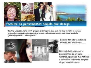 Tudo é  atraído para você  graças as imagens que têm em sua mente.  O que está pensando... qualquer coisa que esteja acontecendo em sua mente, você a está atraindo. Quer seja positiva..... Ou negativa! Se quer ter uma vida feliz e exitosa, seu trabalho é........ Deixe de lado os medos e pensamentos de brigas e temores, apague as más notícias e coloca em sua mente imagens de paz mundial e amor focalize os pensamentos naquilo que deseja , 