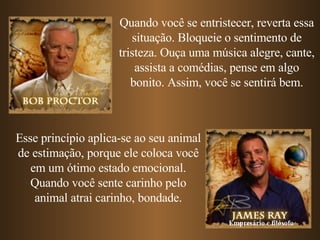 Quando você se entristecer, reverta essa situação. Bloqueie o sentimento de tristeza. Ouça uma música alegre, cante, assista a comédias, pense em algo bonito. Assim, você se sentirá bem. Esse princípio aplica-se ao seu animal de estimação, porque ele coloca você em um ótimo estado emocional. Quando você sente carinho pelo animal atrai carinho, bondade. Empresário e filósofo 