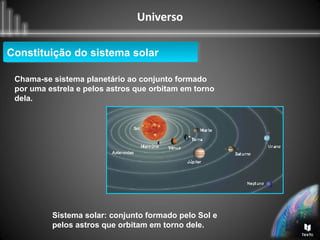 Universo
Constituição do sistema solarConstituição do sistema solar
Chama-se sistema planetário ao conjunto formado
por uma estrela e pelos astros que orbitam em torno
dela.
Sistema solar: conjunto formado pelo Sol e
pelos astros que orbitam em torno dele.
 