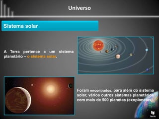 Universo
Sistema solar
A Terra pertence a um sistema
planetário – o sistema solar.
Foram encontrados, para além do sistema
solar, vários outros sistemas planetários
com mais de 500 planetas (exoplanetas).
 