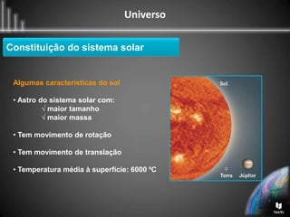 Universo
Constituição do sistema solar
Algumas características do sol
• Astro do sistema solar com:
√ maior tamanho
√ maior massa
• Tem movimento de rotação
• Tem movimento de translação
• Temperatura média à superfície: 6000 ⁰C
 