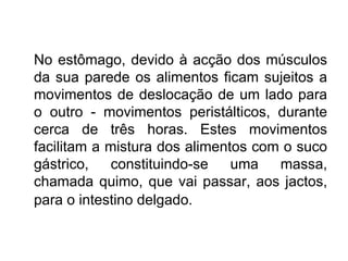 No estômago, devido à acção dos músculos da sua parede os alimentos ficam sujeitos a movimentos de deslocação de um lado para o outro - movimentos peristálticos, durante cerca de três horas. Estes movimentos facilitam a mistura dos alimentos com o suco gástrico, constituindo-se uma massa, chamada quimo, que vai passar, aos jactos, para o intestino delgado.   