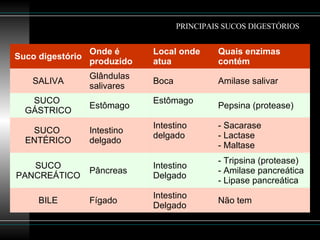 PRINCIPAIS SUCOS DIGESTÓRIOS Suco digestório Onde é produzido  Local onde atua Quais enzimas contém SALIVA Glândulas salivares Boca Amilase salivar SUCO  GÁSTRICO Estômago Estômago Pepsina (protease) SUCO  ENTÉRICO Intestino  delgado Intestino  delgado - Sacarase - Lactase - Maltase SUCO PANCREÁTICO Pâncreas Intestino Delgado - Tripsina (protease) - Amilase pancreática - Lipase pancreática BILE Fígado Intestino Delgado Não tem 