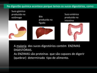 Na digestão química acontece porque temos os sucos digestórios, como: A  maioria   dos sucos digestórios contém  ENZIMAS  DIGESTÓRIAS. As ENZIMAS são proteínas  que são capazes de digerir (quebrar)  determinado  tipo de alimento. Suco gástrico produzido no estômago Bile  produzida no fígado Suco entérico produzido no intestino 