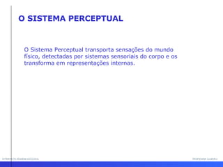 INTERFACE HOMEM-MÁQUINA PROFESSOR SAMUKA O SISTEMA PERCEPTUAL O Sistema Perceptual transporta sensações do mundo físico, detectadas por sistemas sensoriais do corpo e os transforma em representações internas. 