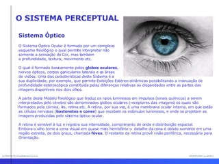 INTERFACE HOMEM-MÁQUINA PROFESSOR SAMUKA O SISTEMA PERCEPTUAL O Sistema Óptico Ocular é formado por um complexo  esquema fisiológico o qual permite interpretar não  somente a sensação de Cor, mas também  a profundidade, textura, movimento etc.  O qual é formado basicamente pelos  globos oculares ,  nervos ópticos, corpos geniculares laterais e as áreas  de visões. Uma das características deste Sistema é a  sua duplicidade, por exemplo, que permite Exibições Estéreo-dinâmicas possibilitando a insinuação de profundidade esteroscópica constituída pelas diferenças relativas ou disparidades entre as partes das imagens disponíveis nos dois olhos.  A parte deste Modelo fisiológico que traduz os raios luminosos em impulsos (sinais químicos) a serem interpretados pelo cérebro são denominados globos oculares (receptores das imagens) os quais são formados pela córnea, íris, retina etc. A retina, por sua vez, é uma membrana ocular interna, em que estão as células nervosas ( bastonetes e cones ) que recebem os estímulos luminosos, e onde se projetam as imagens produzidas pelo sistema óptico ocular. A retina é sensível à luz e registra sua intensidade, comprimento de onda e distribuição espacial.  Embora o olho tome a cena visual em quase meio hemisfério o  detalhe da cena é obtido somente em uma região estreita, de dois graus, chamada  fóvea . O restante da retina provê visão periférica, necessária para Orientação. Sistema Óptico 