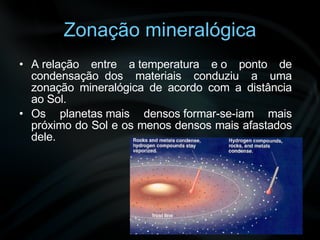 Zonação mineralógica A relação entre a temperatura e o ponto de condensação  dos materiais conduziu a uma zonação mineralógica de acordo com a distância ao Sol.  Os planetas mais densos formar-se-iam mais próximo do Sol e os menos densos mais afastados dele.  