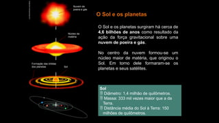 O Sol e os planetas
O Sol e os planetas surgiram há cerca de
4,6 bilhões de anos como resultado da
ação da força gravitacional sobre uma
nuvem de poeira e gás.
No centro da nuvem formou-se um
núcleo maior de matéria, que originou o
Sol. Em torno dele formaram-se os
planetas e seus satélites.
Sol
 Diâmetro: 1,4 milhão de quilômetros.
 Massa: 333 mil vezes maior que a da
Terra.
 Distância média do Sol à Terra: 150
milhões de quilômetros.
Luís
Moura/Arquivo
da
editora
Nuvem de
poeira e gás
Núcleo da
matéria
Formação das órbitas
dos planetas Sol
 