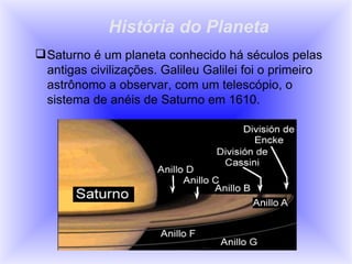História do Planeta <ul><li>Saturno é um planeta conhecido há séculos pelas antigas civilizações. Galileu Galilei foi o pr...