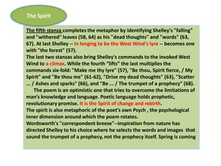 The Spirit

The fifth stanza completes the metaphor by identifying Shelley's "falling"
and "withered" leaves (58, 64) as his "dead thoughts" and "words" (63,
67). At last Shelley -- in longing to be the West Wind's lyre -- becomes one
with "the forest" (57).
The last two stanzas also bring Shelley's commands to the invoked West
Wind to a climax. While the fourth “lifts” the last multiplies the
commands six-fold: "Make me thy lyre" (57), "Be thou, Spirit fierce, / My
Spirit" and "Be thou me" (61-62), "Drive my dead thoughts" (63), "Scatter
... / Ashes and sparks" (66), and "Be ... / The trumpet of a prophecy" (68).
     The poem is an optimistic one that tries to overcome the limitations of
man’s knowledge and language. Poetic language holds prophetic,
revolutionary promise. It is the Spirit of change and rebirth.
The spirit is also metaphoric of the poet’s own Psych , the psychological
inner dimension around which the poem rotates.
Wordsworth's "correspondent breeze"--inspiration from nature has
directed Shelley to his choice where he selects the words and images that
sound the trumpet of a prophecy, not the prophecy itself. Spring is coming
 