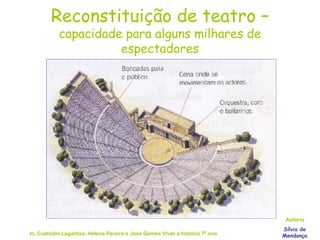 Reconstituição de teatro –  capacidade para alguns milhares de espectadores Autoria Sílvia de Mendonça In, Custódio Lagartixa, Helena Pereira e José Gomes Viver a história 7º ano 