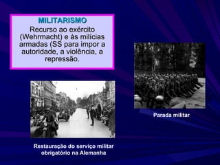 MILITARISMO Recurso ao exército (Wehrmacht) e às milícias armadas (SS para impor a autoridade, a violência, a repressão. Restauração do serviço militar obrigatório na Alemanha Parada militar 