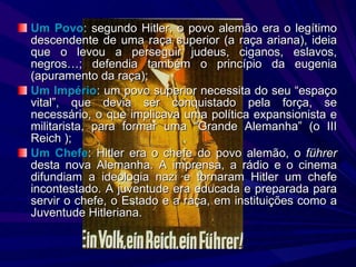 Um Povo : segundo Hitler, o povo alemão era o legítimo descendente de uma raça superior (a raça ariana), ideia que o levou a perseguir judeus, ciganos, eslavos, negros…; defendia também o princípio da eugenia (apuramento da raça); Um Império : um povo superior necessita do seu “espaço vital”, que devia ser conquistado pela força, se necessário, o que implicava uma política expansionista e militarista, para formar uma “Grande Alemanha” (o III Reich ); Um Chefe : Hitler era o chefe do povo alemão, o  f ührer  desta nova Alemanha.  A imprensa, a rádio e o cinema difundiam a ideologia nazi e tornaram Hitler um chefe incontestado. A juventude era educada e preparada para servir o chefe, o Estado e a raça, em instituições como a Juventude Hitleriana. 
