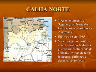 CALHA NORTE “ Desenvolvimento e Segurança ao Norte das Calhas dos rios Solimões e Amazonas” Efetivou-se em 1985 Visa proteger o território contra o tráfico de drogas, guerrilhas, contrabando de animais, invasão de terras indígenas, garimpos e desmatamento ilegal 